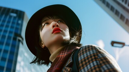 Japanese woman with red lips wearing hat and coat, standing central Tokyo, fashion, preppy style