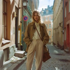 young blonde woman wearing 1980-s style streetwear outfit, posing in Tallinn old town