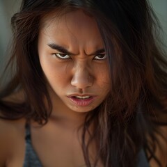 Asian woman looking into the camera,  angry, frustrated expression