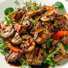 a Warm Beef and Mushroom Salad with Balsamic Glaze on a white background