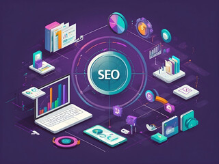 Search engine optimization (SEO) analysis concept on ultraviolet background flat illustration design.