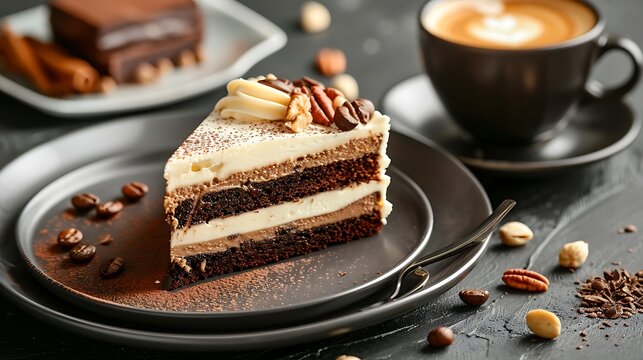 chocolate cream cake with nuts on a plate and a cup of cappuccino coffe on a black table