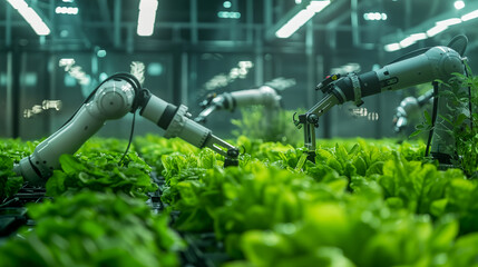 indoor farming setting with robotic arms tending to plants