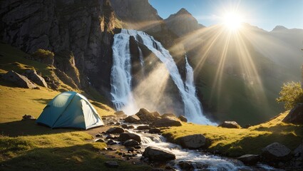 Hiking tent and backpack In mountains in morning with rays of sun with a mountain river and a...