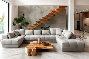 Modern Minimalist Living Room with Grey Corner Sofa by Staircase