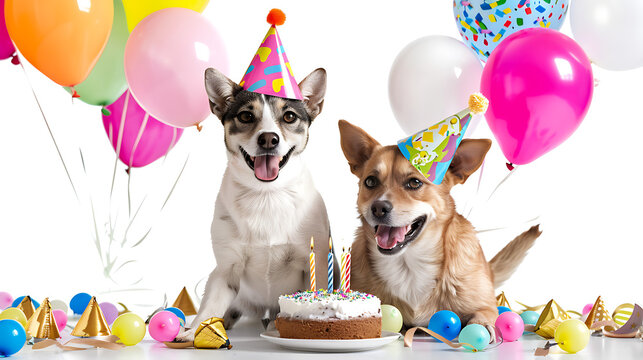 Two puppies dogs pets celebrating birthday balloons birthday cake confetti 