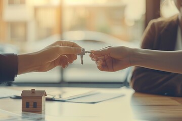 A real estate agent holds keys and a mini house model on his desk - obrazy, fototapety, plakaty