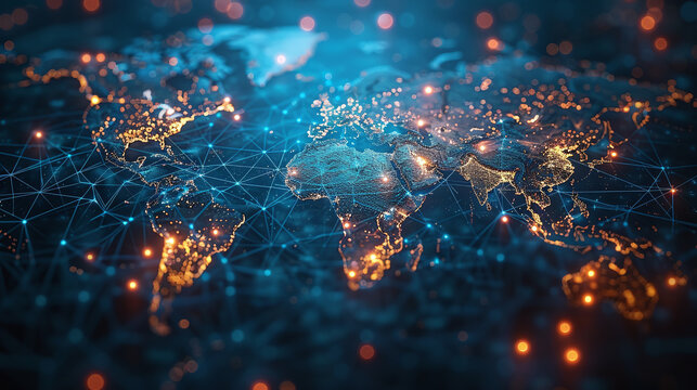 Abstract world map, concept of global network and connectivity, international data transfer and cyber technology, worldwide business, information exchange and telecommunication - Powered by Adobe
