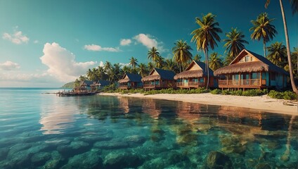Fototapeta premium Modern tropical bungalow with a thatched roof on the beach with palm trees by the sea. Rent accommodation on a trip, a secluded vacation in a separate bungalow.