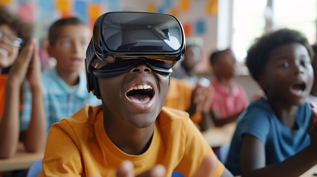 a group of children in class were surprised when using virtual reality , Schoolchildren, students in a classroom wearing virtual reality glasses. 