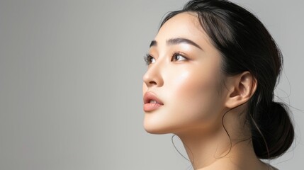 Fototapeta premium portrait of an Asian woman on a white background. free place