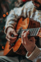 Fototapeta premium Close-up of a man's hands expertly playing the guitar, emotions pouring through the melody