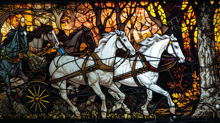A stained glass window depicts a scene of horses pulling a carriage through a haunted forest their eyes glowing with otherworldly light. .
