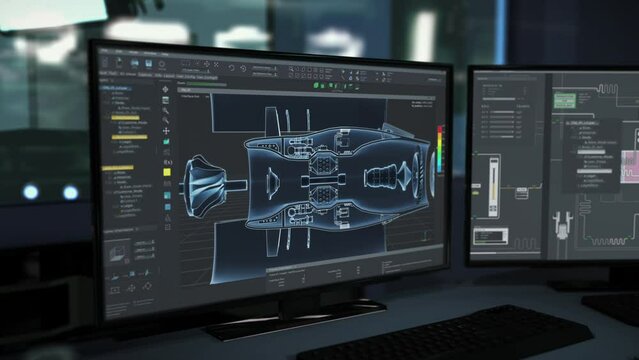 Modern computer program used for development of a heavy turbine prototype. Visualizing the turbine prototype in the development system. Development software shows turbine prototype detail schematic.