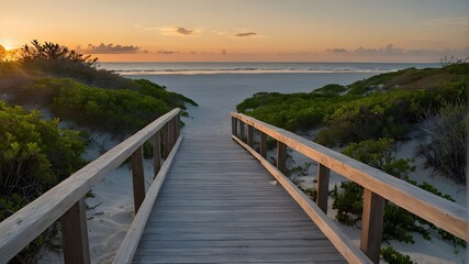 With few bushes throughout its length, the boardwalk leads to a white sand beach and the ocean at sunset. - obrazy, fototapety, plakaty