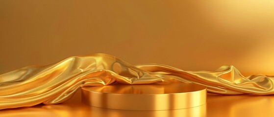 Golden luxurious fabric placed on top pedestal or blank podium shelf on gold background with luxury concept. 3D rendering.
