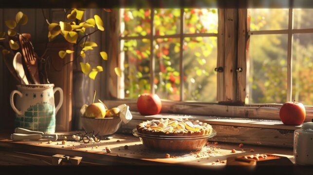 A cozy kitchen scene with a homemade apple pie cooling on the windowsill, evoking warmth and tradition
