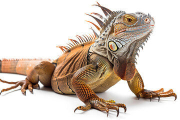 An iguana basking in the sun, isolated on a white background