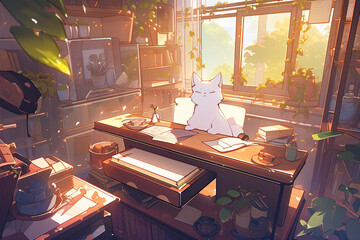 cute cat ​​in the cozy interior, generative background ai