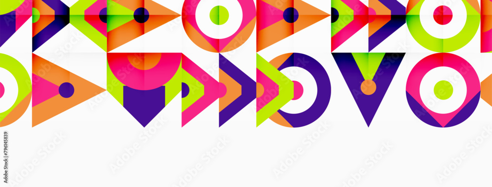 Poster an artistic composition featuring a vibrant pattern of triangles and circles in electric blue and ma