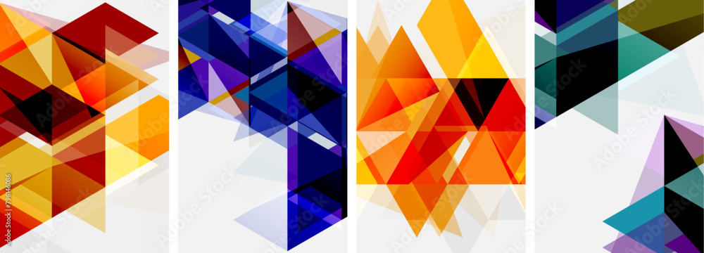 Poster a creative arts composition featuring a set of four colorful triangles on a white background. the el