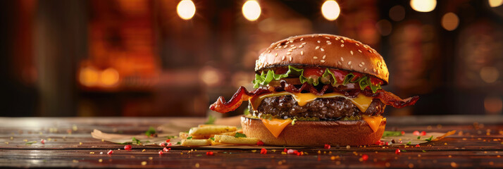 Bacon Cheeseburger on Wood Surface
