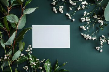 Stylish elegant flat lay dark green floristic greeting invitation post card with copy space mockup. - obrazy, fototapety, plakaty