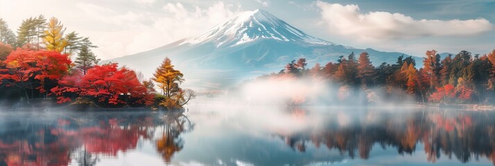 lake with autumn trees against the backdrop of the majestic Mount Fuji. Autumn trees, painted in vibrant shades of red and yellow, create a colorful contrast with the snow-white slopes of Fuji, giving - Powered by Adobe