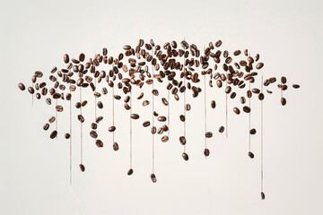 Produce an artistic interpretation of coffee beans descending delicately in a minimalist design