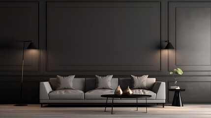 Modern stylish dark living room interior with cozy dark grey sofa over black wall panels ,Interior of modern living room with black walls, wooden floor and grey sofa