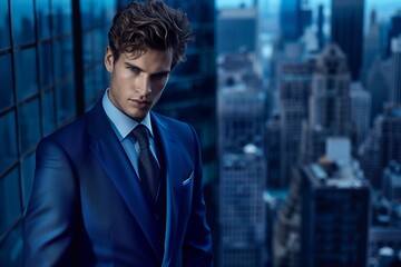 Fototapeta premium Businessman looking at tall skyscrapers against a background of blue sky with clouds.