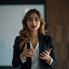 An engaging female speaker gestures emphatically, conveying her message with charisma and professionalism in a contemporary business setting - obrazy, fototapety, plakaty