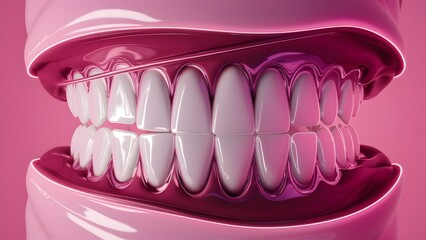 glossy white teeth, set against a soft pink background, exudes a futuristic and digital aesthetic