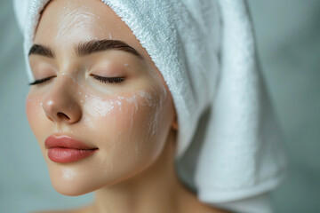 Woman with closed eyes wearing white hair towel. Spa concept.