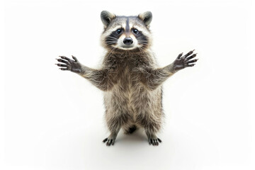 A raccoon standing on its hind legs, isolated on a white background