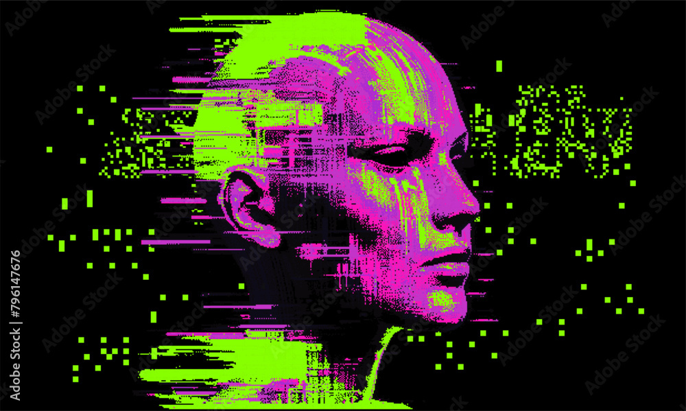 Poster glitched and pixelated silhouette of a 3d human head on a dark background. conceptual vector illustr