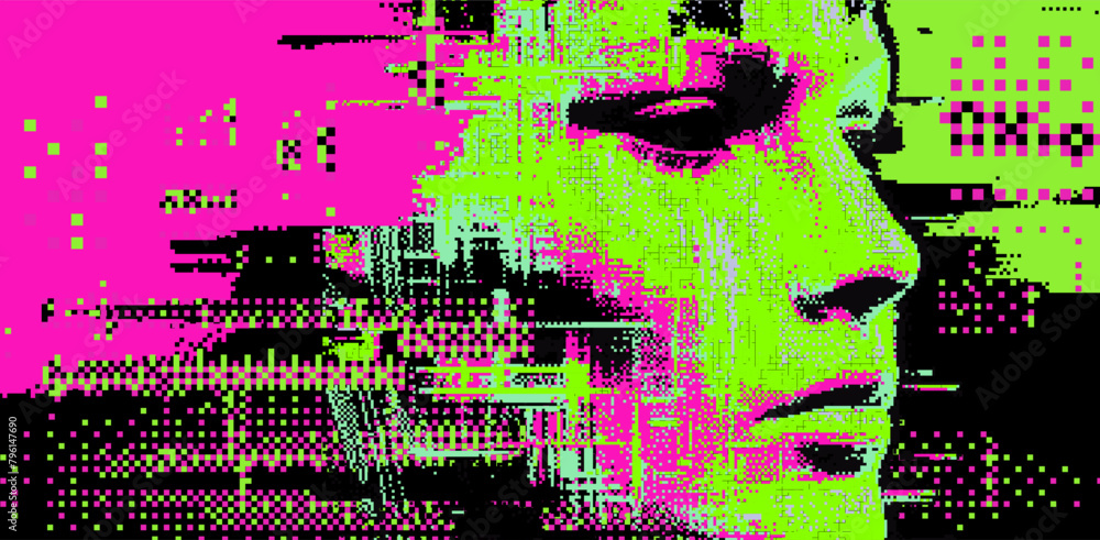 Poster glitched and pixelated silhouette of a 3d human head on a dark background. conceptual vector illustr