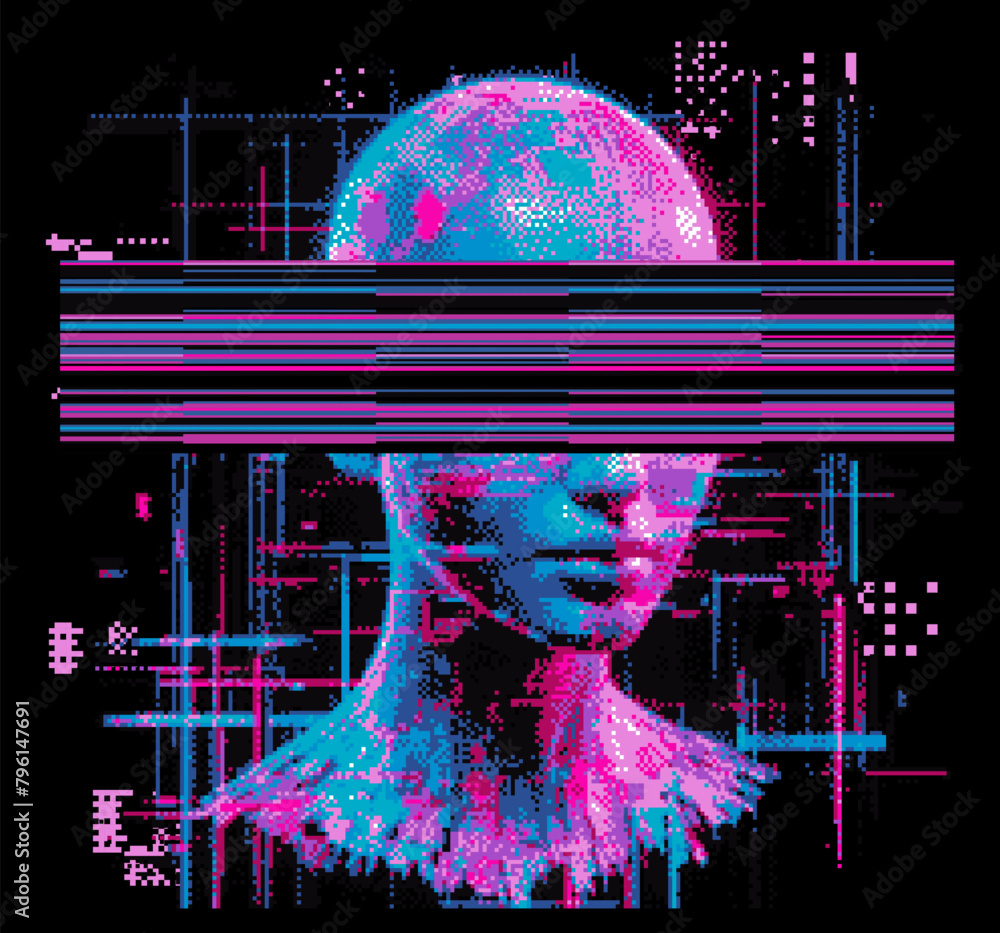 Poster glitched and pixelated silhouette of a 3d human head on a dark background. conceptual vector illustr