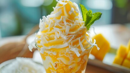 Delicious pineapple soft serve with coconut flakes and mint leaves