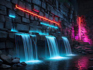 Stone wall with three waterfalls and a neon line design.