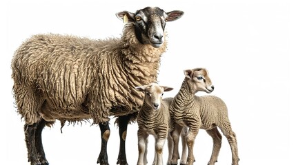 Ewe Sopravissana sheep with her lambs, isolated on white