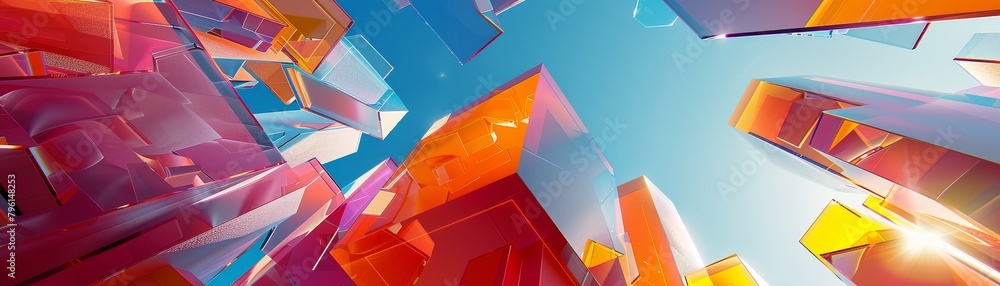 Poster 3d abstract geometric shapes float in virtual space, interactive, dynamic, with vibrant primary colo