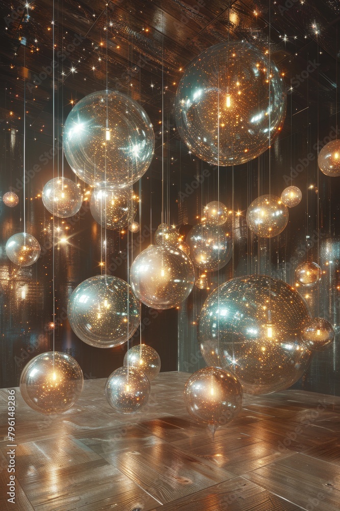 Poster abstract digital particles float in a void, shimmering with gold and silver hues - an immersive 3d e