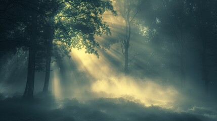 The deciduous forest in the fog is a majestic and mysterious sight. Fog creates an atmosphere of mystery, enveloping tree trunks and creating openwork plays of light and shadow. The sun's rays penetra