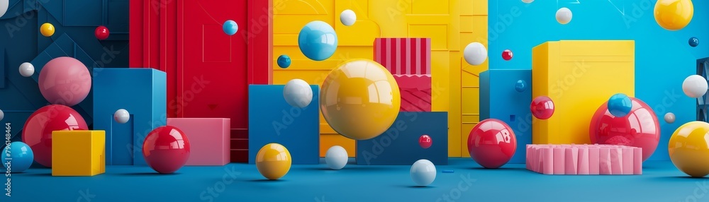 Poster 3d abstract, floating geometric forms in a virtual space, interactive and dynamic, bright primary co