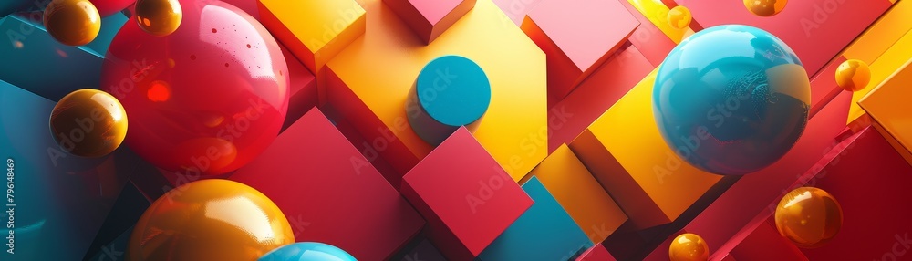 Poster 3d abstract, dynamic geometric shapes float in a virtual realm, interactive with vibrant primary hue