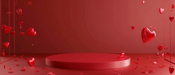 Valentine's day, 3d round podium or pedestal with red empty studio room, minimal product background with heart overlap behind, mock up for love concept display