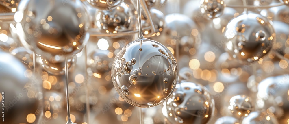Poster an intricate structure forms from intersecting metallic spheres and rods in a 3d abstract design