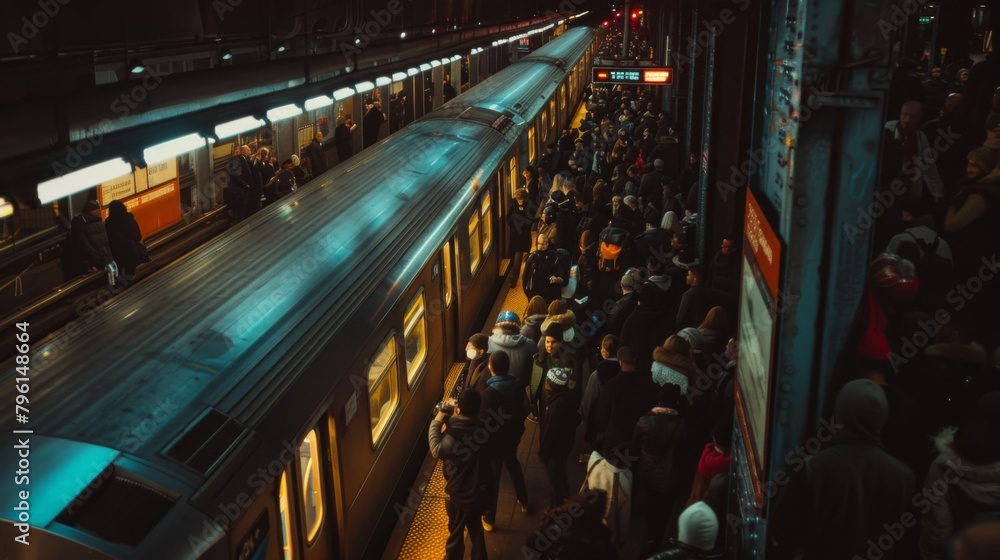 Poster a crowded platform at a subway station, commuters waiting eagerly for the arrival of their train ami