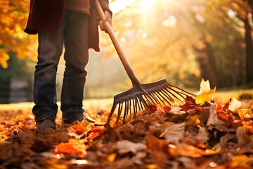 Person rake leaves in autumn.
